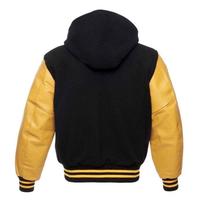 299cb710f6990013fe9ab645f11cca21 Black Hoodie Letterman Jacket With Yellow Leather Sleeves - Image 3