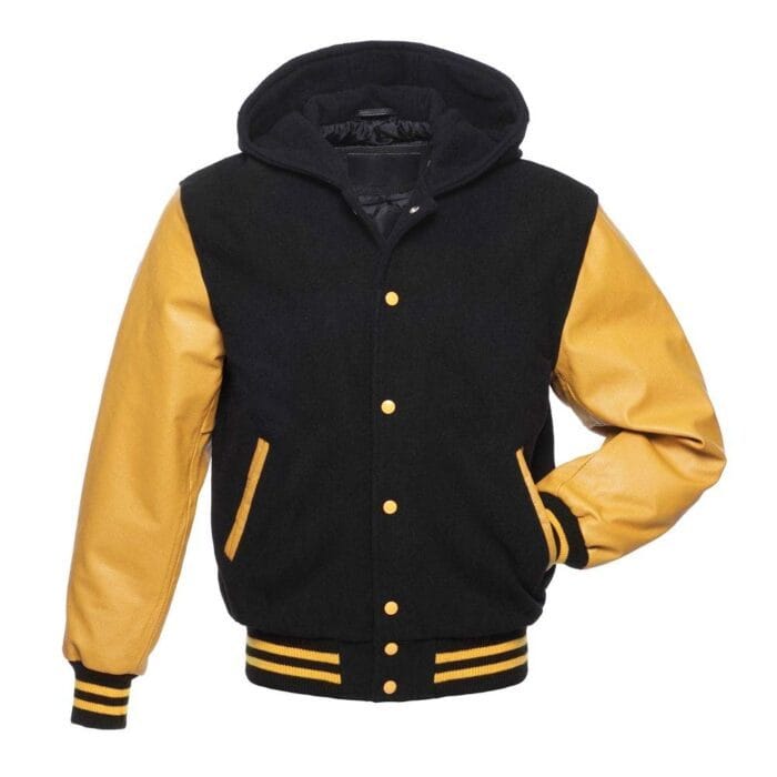 3e5c9ccb7a29ffaca96c9238abd03772 Black Hoodie Letterman Jacket With Yellow Leather Sleeves - Image 1