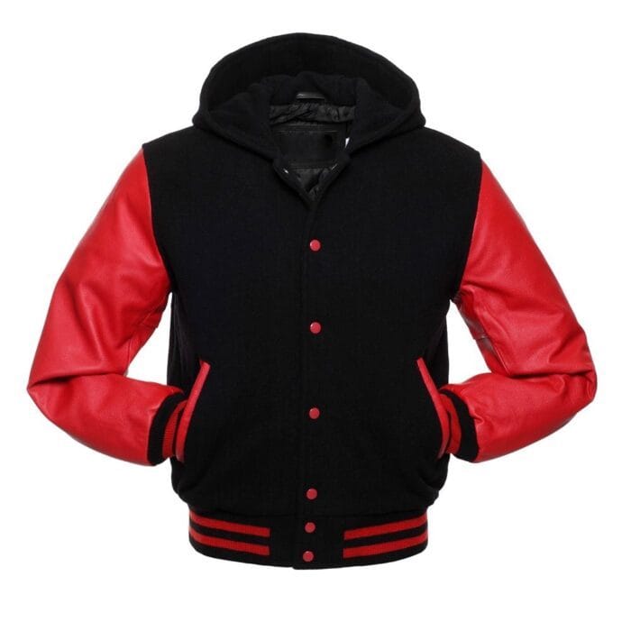 4236acefbc28151a50a8129723bb54eb Black Hoodie Letterman Jacket With Crimson Leather Sleeves - Image 2