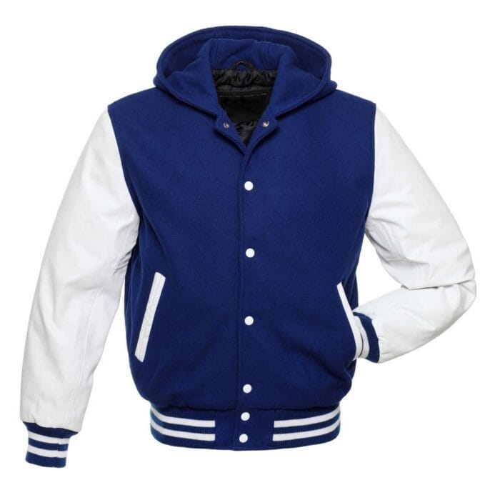 Blue Hoodie Letterman Jacket With White Leather Sleeves - Image 1