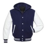 Royal Blue Hoodie Letterman Jacket With White Leather Sleeves