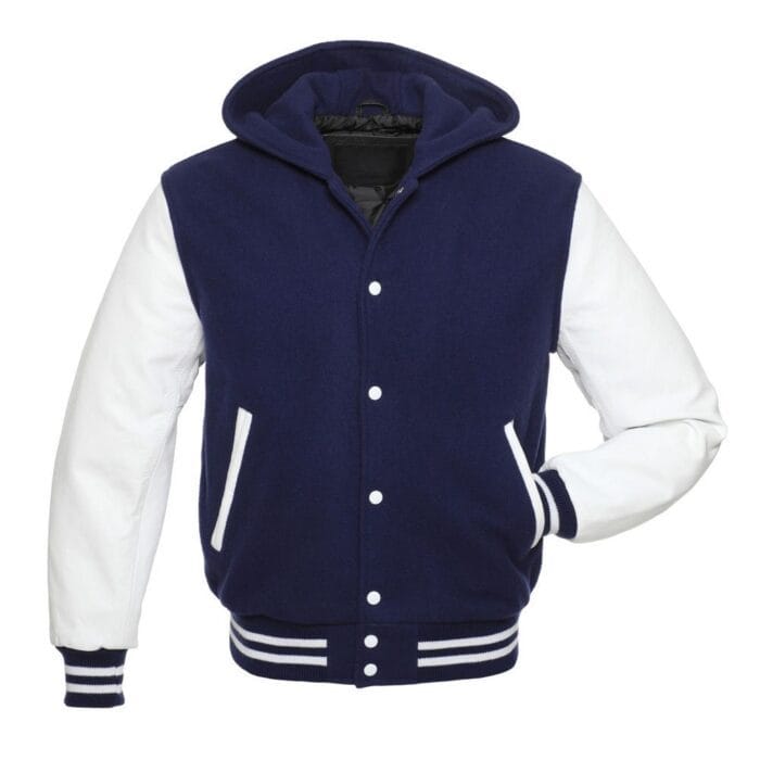 7Ls86JCSPL5c2knqtqhUyykIukIRg3GGUXib8tS7 Royal Blue Hoodie Letterman Jacket With White Leather Sleeves - Image 1