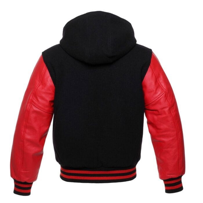 866f9c7a5a0b71355bcb5c345391b4fd Black Hoodie Letterman Jacket With Crimson Leather Sleeves - Image 3