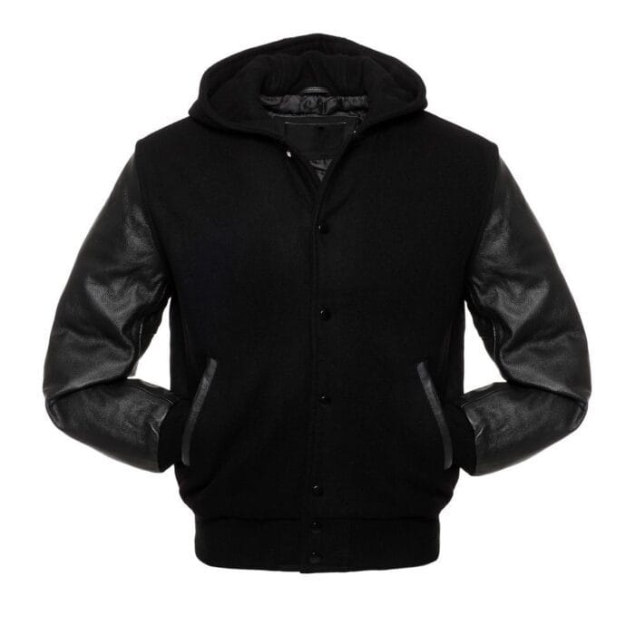 All Black Hoodie Letterman Jacket With Leather Sleeves - Image 2