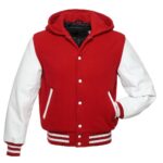 Red Hoodie Letterman Jacket With White Leather Sleeves