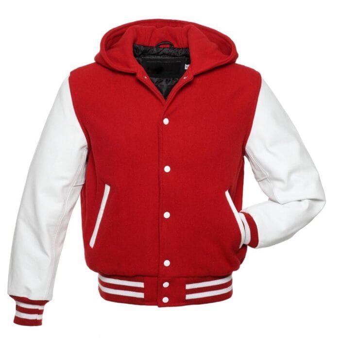 Red Hoodie Letterman Jacket With White Leather Sleeves - Image 1