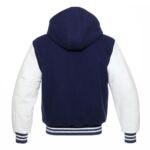Royal Blue Hoodie Letterman Jacket With White Leather Sleeves - Image 3