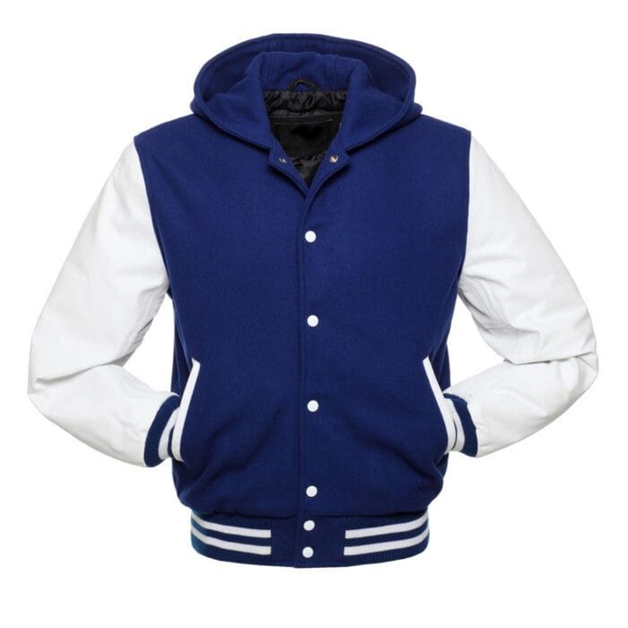 Blue Hoodie Letterman Jacket With White Leather Sleeves - Image 2