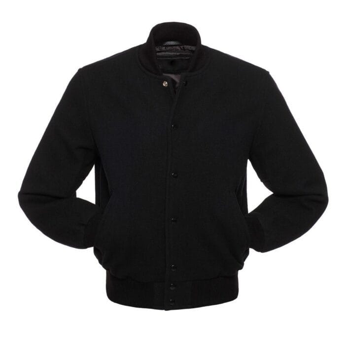 Solid Black All Wool Letterman Varsity Jacket - Image 2