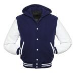 Royal Blue Hoodie Letterman Jacket With White Leather Sleeves - Image 2
