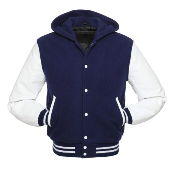 VE4OM4PJclVlLRy9YW83O2f3KpbpnLKFo68ryhEi Royal Blue Hoodie Letterman Jacket With White Leather Sleeves - Image 2