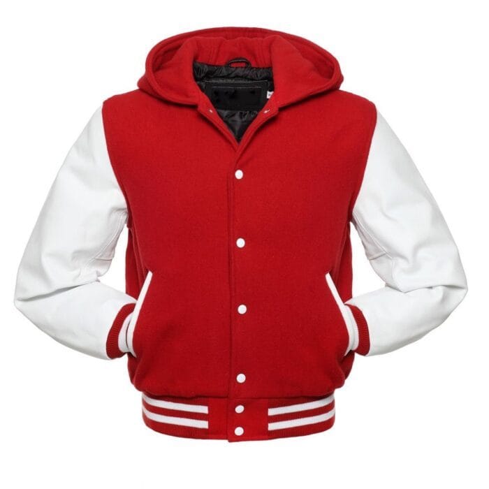 Red Hoodie Letterman Jacket With White Leather Sleeves - Image 2