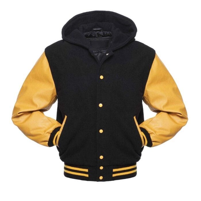 d19880dc2a71e0b617f219fe57a10c3e Black Hoodie Letterman Jacket With Yellow Leather Sleeves - Image 2