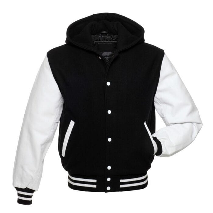 Black Hoodie Letterman Jacket With White Sleeves - Image 1