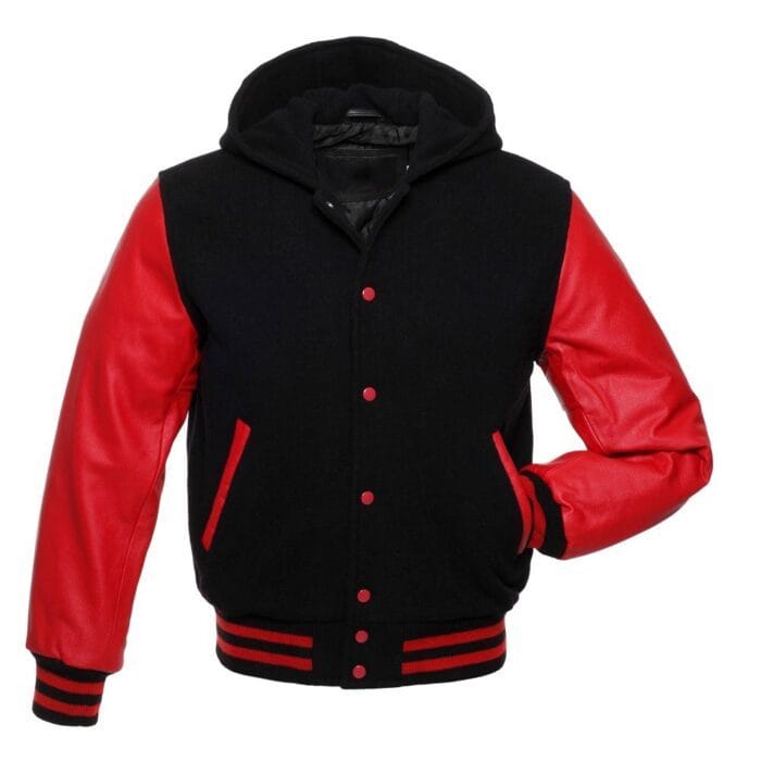 fe8ba7211157f34e7f98408d35658475 Black Hoodie Letterman Jacket With Crimson Leather Sleeves - Image 1