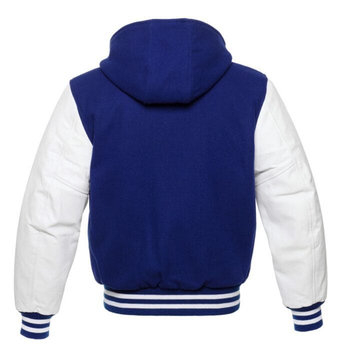 Blue Hoodie Letterman Jacket With White Leather Sleeves - Image 3