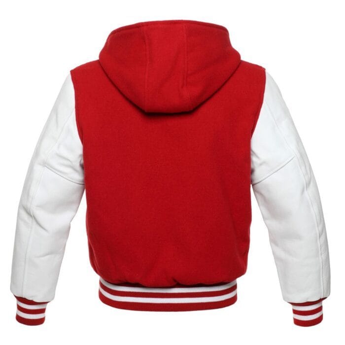 Red Hoodie Letterman Jacket With White Leather Sleeves - Image 3
