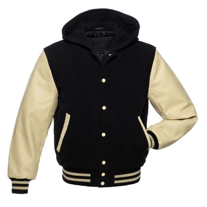 ncizOY9eKaZSMkHEkQgllpvcyxn28anDCdisUhXh Black Hoodie Letterman Jacket With Off-White Leather Sleeves - Image 1