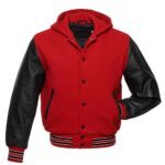 Red Hoodie Letterman Jacket With Black Leather Sleeves