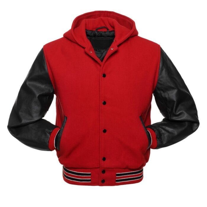 Red Hoodie Letterman Jacket With Black Leather Sleeves - Image 2