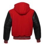 Red Hoodie Letterman Jacket With Black Leather Sleeves - Image 3