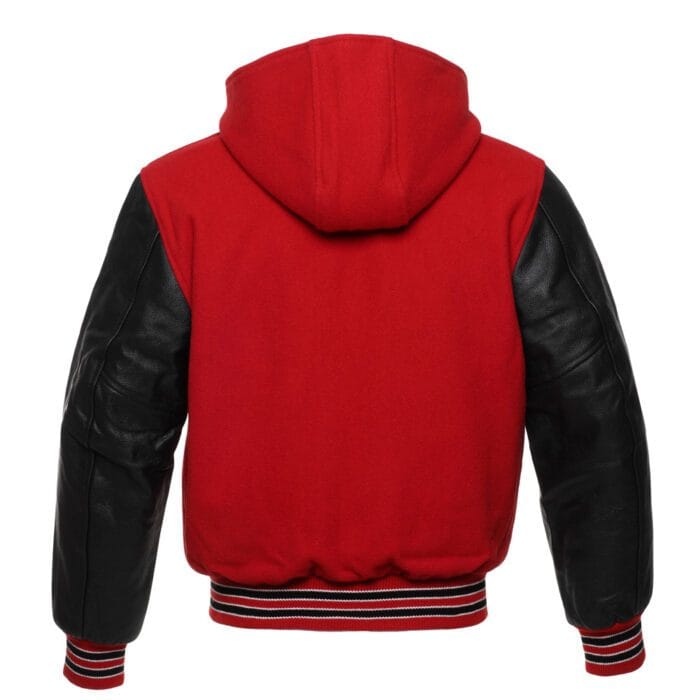 Red Hoodie Letterman Jacket With Black Leather Sleeves - Image 3
