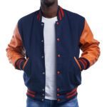Royal Blue Varsity Letterman Jacket With Orange Leather Sleeves