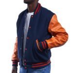 Royal Blue Varsity Letterman Jacket With Orange Leather Sleeves - Image 2