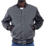 Gray Wool Letterman Jacket With Black Leather Sleeves