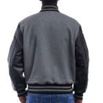 Gray Wool Letterman Jacket With Black Leather Sleeves - Image 2