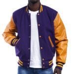Purple Wool Letterman Jacket With Yellow Leather Sleeves