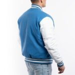 Sky Blue Wool Letterman Jacket With White Leather Sleeves - Image 3