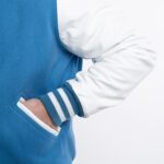 Sky Blue Wool Letterman Jacket With White Leather Sleeves - Image 4