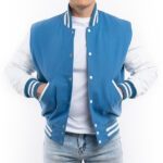 Sky Blue Wool Letterman Jacket With White Leather Sleeves