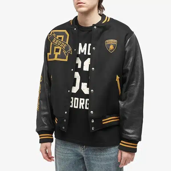 RHUDE X Lamborghini Black Varsity Jacket Leather Sleeves