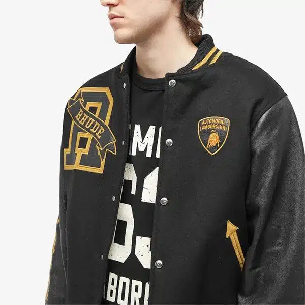 RHUDE X Lamborghini Black Varsity Jacket Leather Sleeves