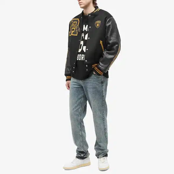 RHUDE X Lamborghini Black Varsity Jacket Leather Sleeves