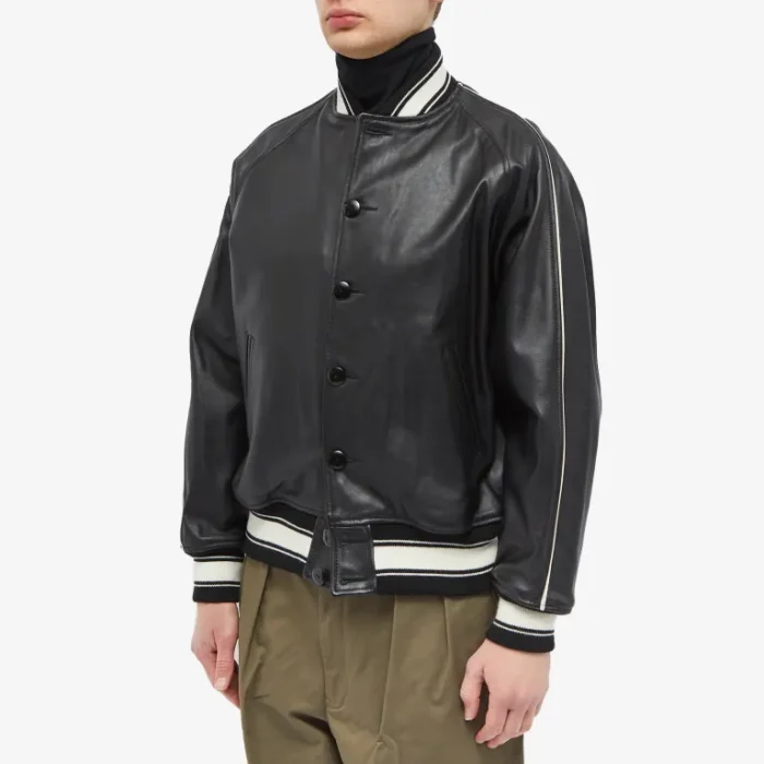 Black Leather Varsity Bomber Jacket - Image 2