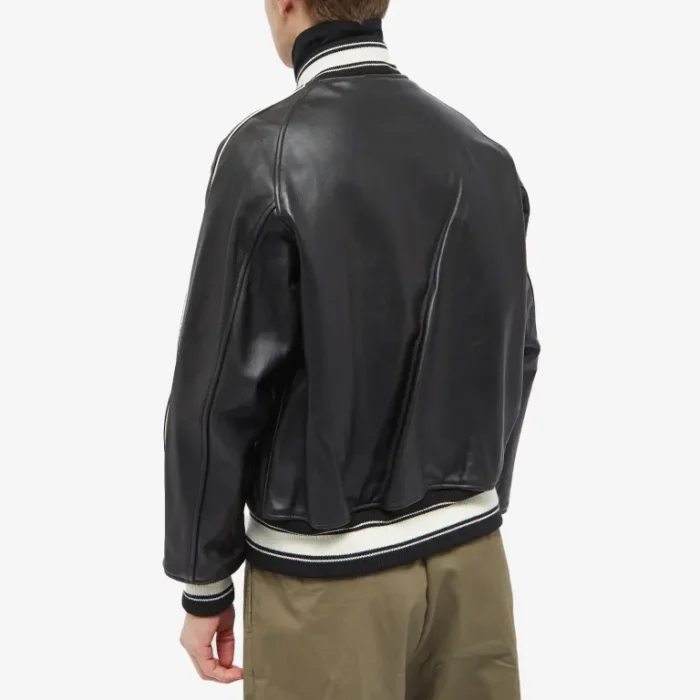 Black Leather Varsity Bomber Jacket - Image 3