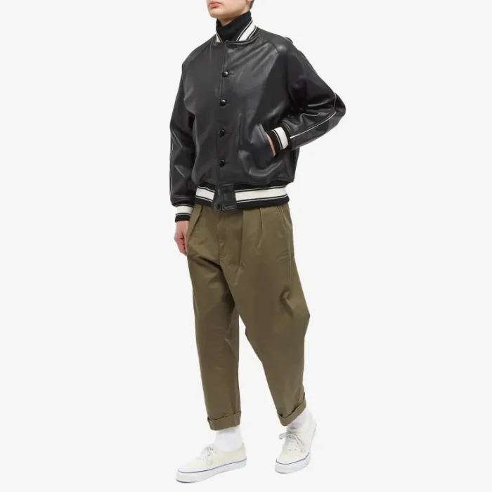 Black Leather Varsity Bomber Jacket - Image 4