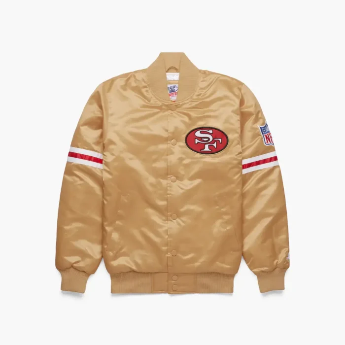 HOMAGE-X-Starter-49ers-Satin-Jacket-012108819B4-gold-flat_x1000.jpg San Francisco 49ers Satin Bomber Jacket - Image 1