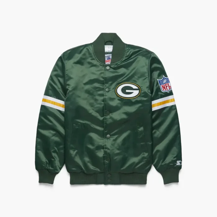 HOMAGE-X-Starter-Packers-Gridiron-Jacket-01210883259-green-flat_x1000.jpg Green Bay Packers Satin Bomber Jacket - Image 1