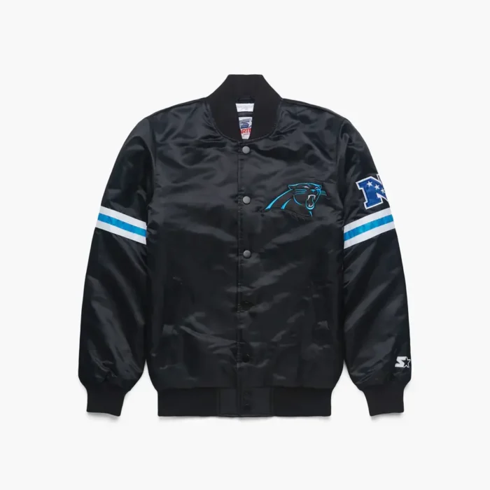 HOMAGE-X-Starter-Panthers-Gridiron-Jacket-01210881356-black-flat_x1000.jpg Carolina Panthers Satin Bomber Jacket - Image 1
