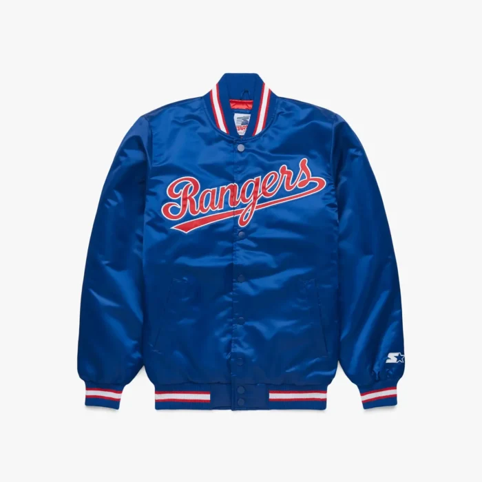 HOMAGE-X-Starter-Rangers-Satin-Jacket-01211584118-blue-flat Texas Rangers Satin Bomber Jacket - Image 1