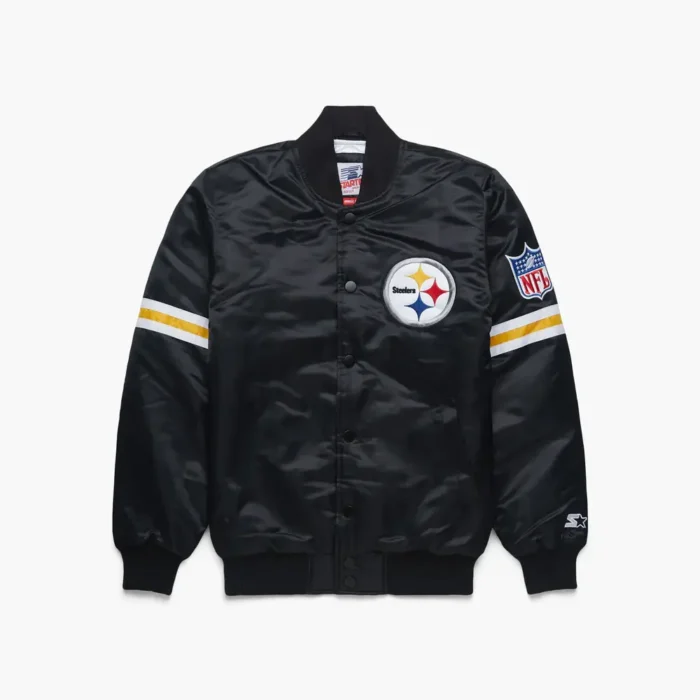 HOMAGE-X-Starter-Steelers-Gridiron-Jacket-01210883656-black-flat_x1000.jpg Pittsburgh Steelers Satin Varsity Bomber Jacket - Image 1