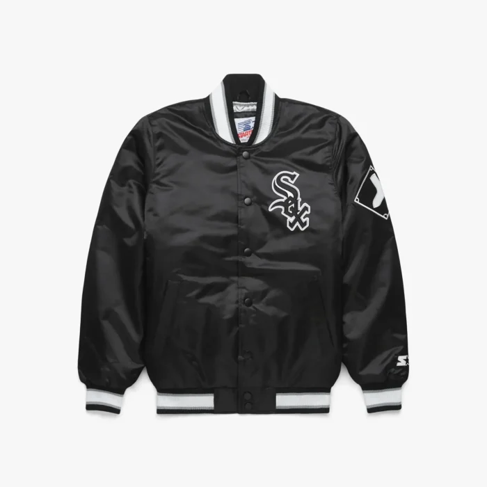 HOMAGE-X-Starter-White-Sox-Satin-Jacket-01211241956-black-flat Chicago White Sox Satin Varsity Jacket - Image 1