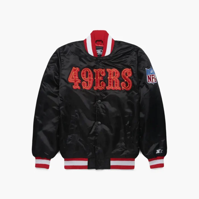 49ers Black Satin Bomber Jacket - Image 1