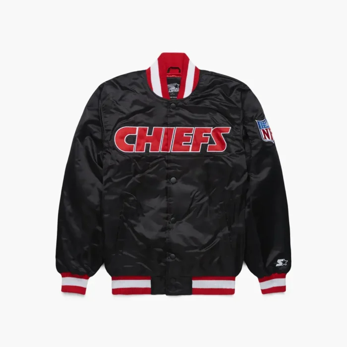 HOMAGE-x-Starter-Chiefs-Blackout-Satin-Jacket-01211441056-Black-flat_x1000.jpg Kansas City Chiefs Black Satin Bomber Jacket - Image 1