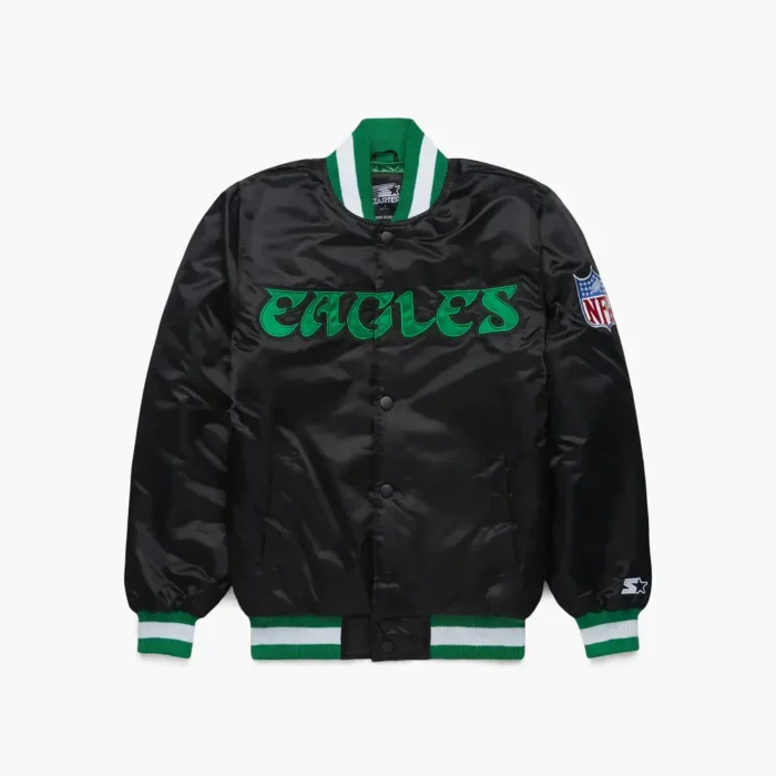 HOMAGE-x-Starter-Eagles-Blackout-Satin-Jacket-01211440756-Black-flat_x1000.jpg Philadelphia Eagles Satin Bomber Jacket - Image 1