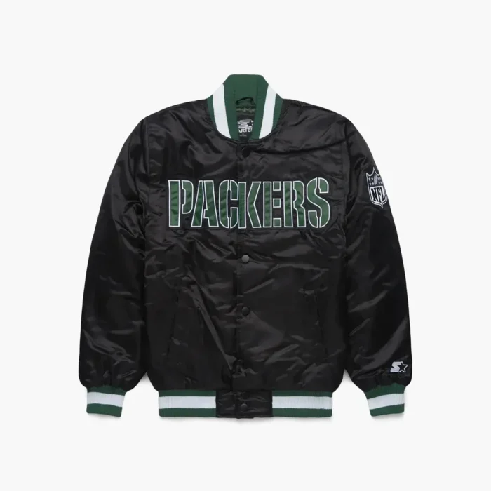 Packers Black Satin Bomber Jacket - Image 1
